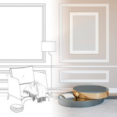 Sketch of modern interior of a room with mock up poster, armchair, lamp and coffee table became a real interior. 3d illustration