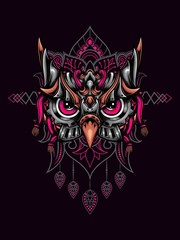 Owl head mecha vector illustration with mandala as the background ornament, suitable for apparel merchandise, t-shirt or outerwear.