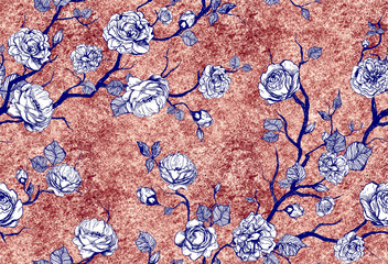 Hand drawn graphic floral pattern with blue roses and leaf on rust texture background