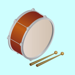 3D view of drum with sticks on blue background.