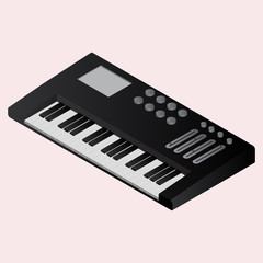 Isometric music synthesizer or electronic piano element in black color.