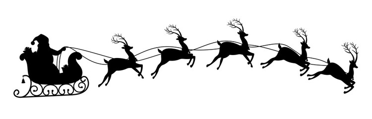 Silhouette of santa claus riding on reindeer sleigh.