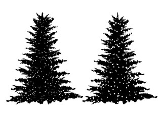 Two Xmas tree in black color on snowy background.