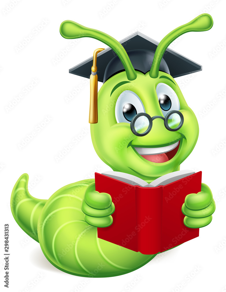 Wall mural A cute caterpillar bookworm worm cute cartoon character education mascot wearing graduation hat and glasses reading a book