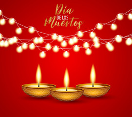 Dia de los Muertos (in Spanish) - Day of the Dead. Traditional Mexican holiday event. Banner or flyer. Red background with burning candles and glowing lights garland. 