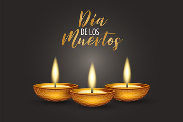 Dia de los Muertos (in Spanish) - Day of the Dead. Traditional Mexican holiday event. Banner or flyer. Black background with burning candles. 