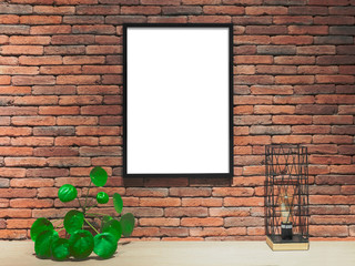 Blank framed poster on the brick wall, mock up