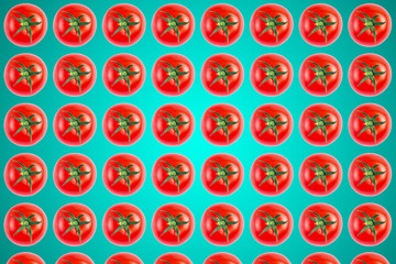Vegetable pattern of red tomatoes on blue background. Flat lay, top view. Food background.