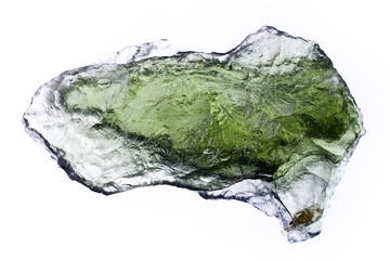 Macro photography of a moldavite stone on a white background