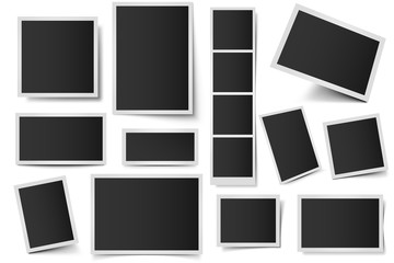 Photo card frames. Rectangular instant photos, square snapshot frame and photo snap with realistic shadow vector set. Empty 3d frames collection. Blank borders isolated on white background
