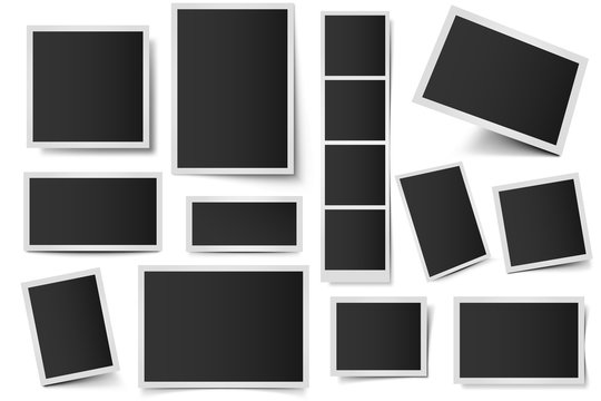 Photo card frames. Rectangular instant photos, square snapshot frame and photo snap with realistic shadow vector set. Empty 3d frames collection. Blank borders isolated on white background
