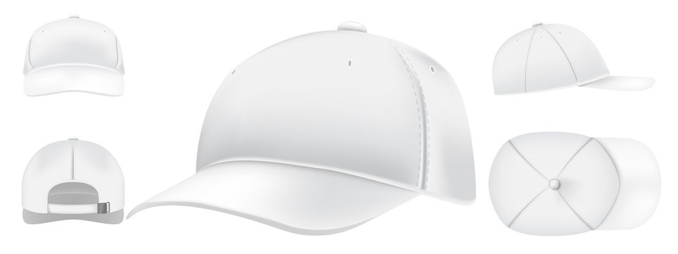 White Cap Mockup. Sport Caps Top View, Baseball Hat And Uniform Hats Views Realistic 3D Vector Set. Casual Clothing, Fashion, Informal Style Wear. Modern Headwear Front, Top, Side, Back View Pack