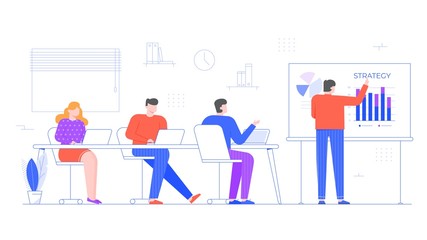 Office team on presentation. Interactive project presentations, strategy presenting to partners, colleagues or work group. People in conference room flat vector illustration. Analytics and planning