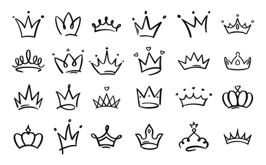 Fotobehang Doodle crowns. Line art king or queen crown sketch, fellow crowned heads tiara, beautiful diadem and luxurious decals vector illustration set. Royal head accessories linear collection © WinWin