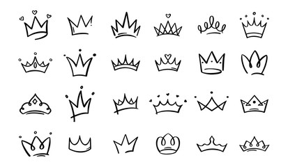 Hand drawn doodle crowns. King crown sketches, majestic tiara, king and queen royal diadems vector. Line art prince and princess luxurious head accessories isolated on white background - obrazy, fototapety, plakaty