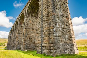 Famous Ribble Valley viaduct railway crossing showing detail of the stonework under-structure and guttering. Sheep often graze under here