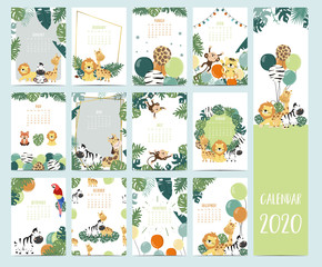 Fototapeta na wymiar Doodle safari animal calendar 2020 set with giraffe,parrot,lion,monkey for children.Can be used for printable graphic.Editable element
