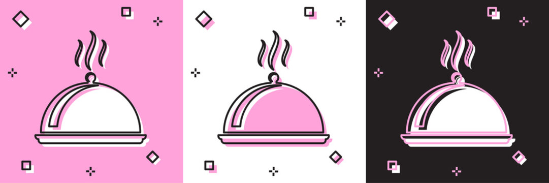 Set Covered with a tray of food icon isolated on pink and white, black background. Tray and lid sign. Restaurant cloche with lid. kitchenware symbol. Vector Illustration