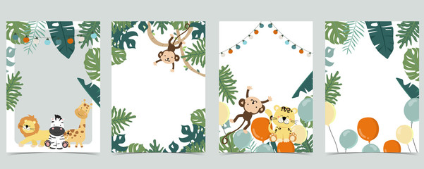 Green animal collection of safari empty frame set with lion,giraffe.Vector illustration for birthday invitation,postcard,logo and sticker