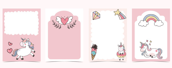 Pink animal collection of unicorn empty frame set with rainbow,diamond.Vector illustration for birthday invitation,postcard,logo and sticker.Editable element