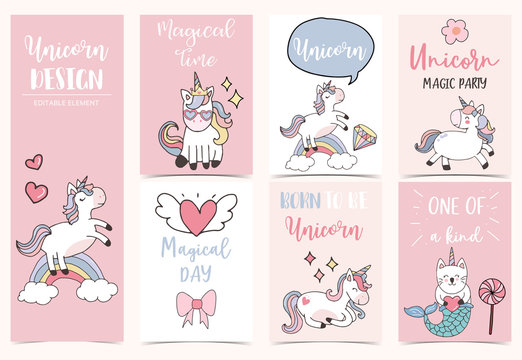 Collection of unicorn background set with rainbow,unicorn,mermaid.Vector illustration for birthday invitation,postcard and sticker.Editable element