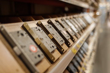 Hardware store assortment, shelf with door locks