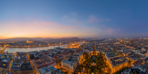 Aerial panoramic photo about Budapest old town part in sunset time.