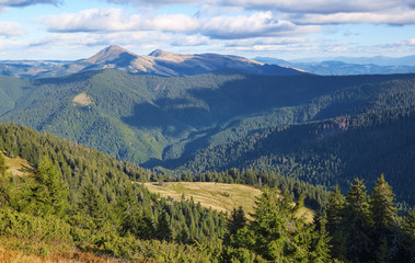 The landscape with the wooden hut and fence on the lawn with green fir trees, high mountains covered by forests, sky with clouds. Autumn sunny day.