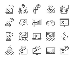 set of presentation icons, meeting, seminar, teamwork, training, presentation