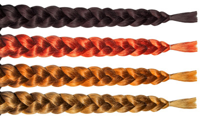 Female hair wig pigtail plait set. Isolated on white background. Blonde brunette brown hair