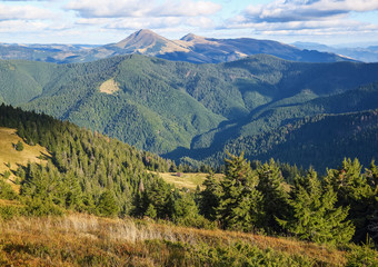 Obraz premium The landscape with the wooden hut and fence on the lawn with green fir trees, high mountains covered by forests, sky with clouds. Autumn sunny day.