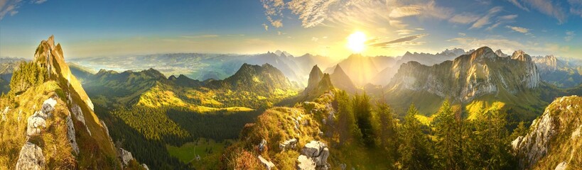 Great panoramic view of morning mountains in Switzerland with Lake Zürich and many tops in autumn - Powered by Adobe