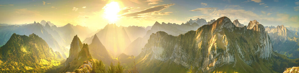 Panorama of sunrise mountains