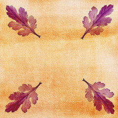 Oak leaves on watercolor background. Ornate, card, frame.