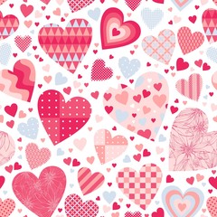 Cute seamless pattern with hearts in pink and light blue colors on white background. Patchwork design. Beautiful print for valentines day.