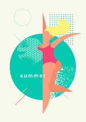 Summer young happy woman. Beautiful geometric stylized girl. Abstract geometric pattern grunge background. Vector illustration.