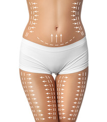 Young woman with slim body isolated on white, closeup. Plastic surgery concept