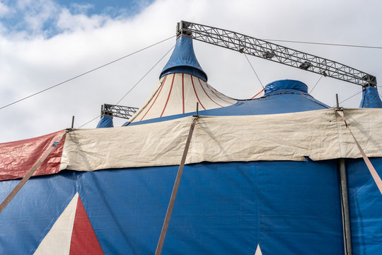 Detailed image of a very large entertainment tent, similar to ones used for a Circus. Detail of the gantry at the top to help keep the big top erected
