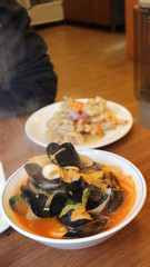 Chinese Food, hot spicy noodle soup with sea food, Champon