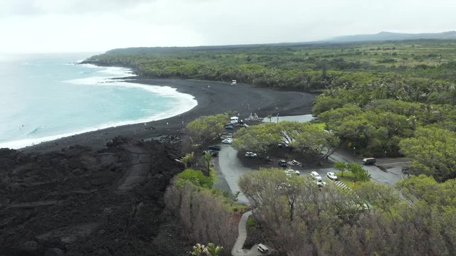Aerial Orbit Of Isaac Hale Park With Pohoiki Beach In the Background.  Big Island Hawaii.
