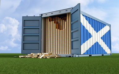 Fototapeta na wymiar Freight Container with Scotland flag filled with Gold bars. Some Gold bars scattered on the ground - 3D Rendering