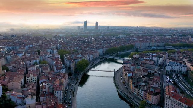 Lyon france skyline aerial view from above drone video in 4k.