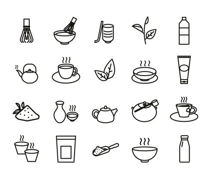 Matcha Green Tea Original Icons Set Outline Symbol, Vector And Illustration