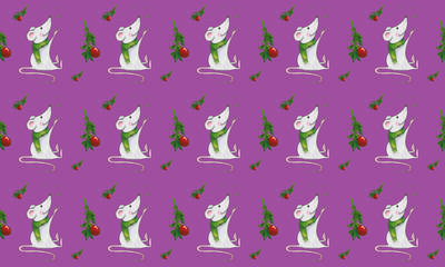 Seamless pattern with Christmas mice on a purple background. Hand drawn illustration with alcohol-based markers.