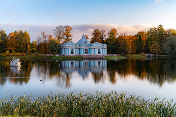 Golden autumn in Catherine Park, Pushkin, St. Petersburg, Russia. Pavilion 