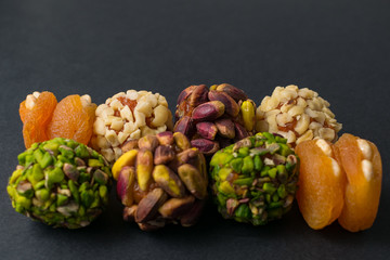 Healthy snacks. Turkish no sugar food. Middle east pistachio confectionery. Closeup. Focus on a...