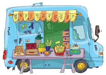 cute white minibus trailer on food market with market stall full of vegetables and fruits in front of it. Cartoon. Caricature.	