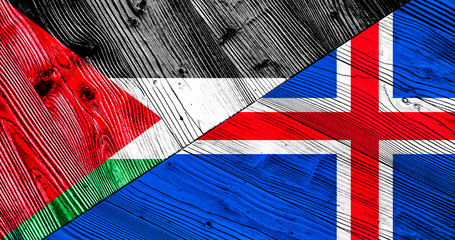 Flags of Iceland and Palestine on wooden boards