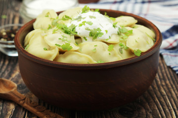A ceramic bowl with freshly cooked Russian vareniki with mashed potato