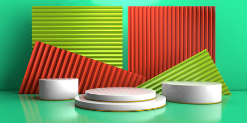 Scene with geometrical forms, white round platform, minimal green background for commercial advertising, orange and green zigzag wall forms, pastel platform, 3D render illustration